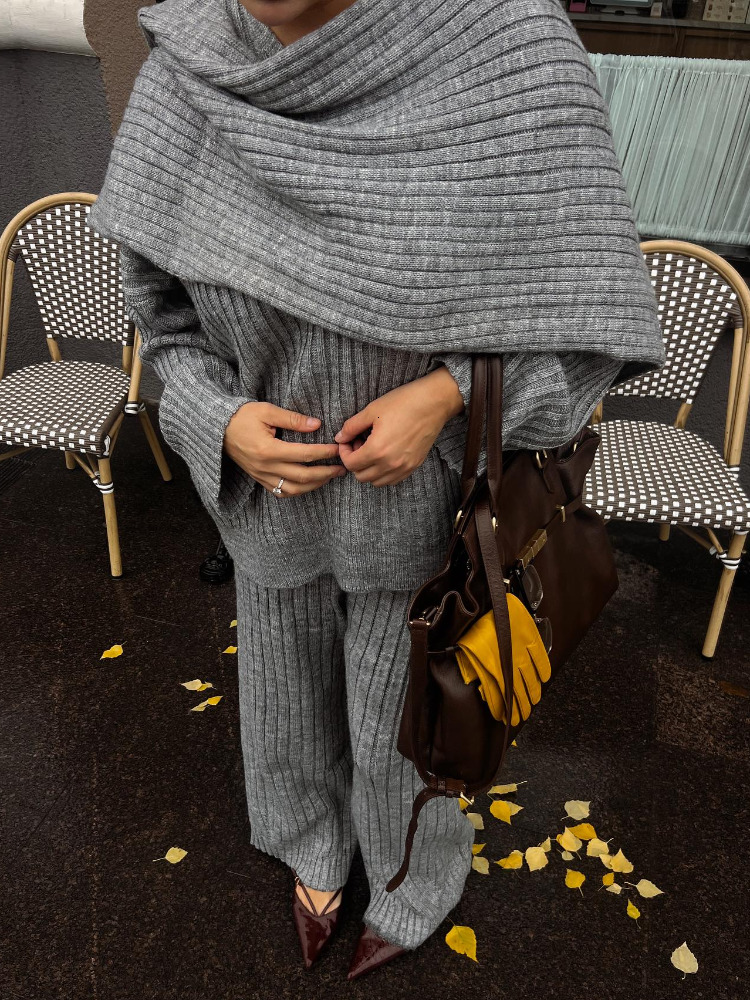 Knitted Pants Skirt Suit Women Fashion Scraf Collar Long Sleeve Lady Two Piece Set New Antumn High Street Sweater Pullover