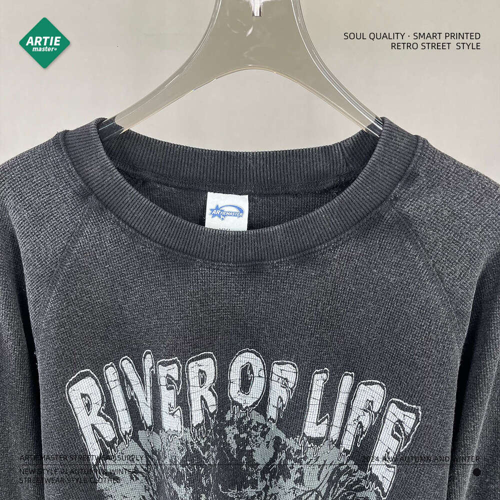 2024 autumn and winter wax waffle 350g washed with water to make old digital printed sleeved t-shirt for trendy brand men's long T-shirt