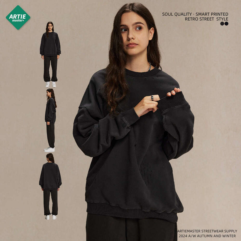 2024 New Product 430g Grinding Edge, Piercing, Washing Water to Make Old Round Neck Men's Street Trendy Brand Retro Thin Sweatshirt for Men