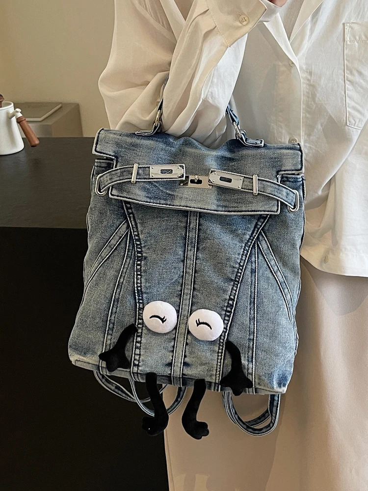 Big denim teenage backpack Rucksack fashionable girl backpack womens shoulder bag high school backpack black Mochila241209