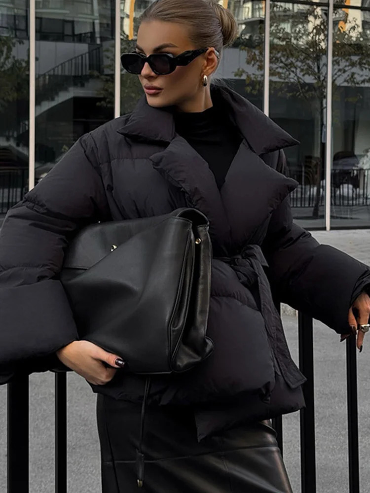 Fashion Lace Up Cotton Parka Coats For Women Elegant Turn Down Collar Thicken Jacket With Belt Winter Long Sleeve Female Outwear 241209