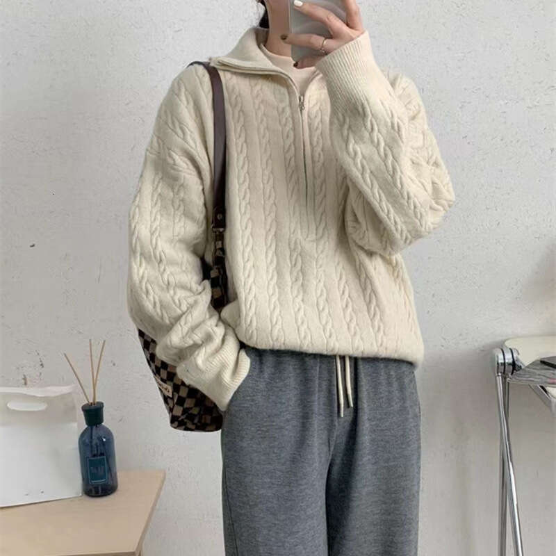 Korean lapel Fried Dough Twists half zip knitted sweater women's autumn and winter new style retro lazy short pullover top