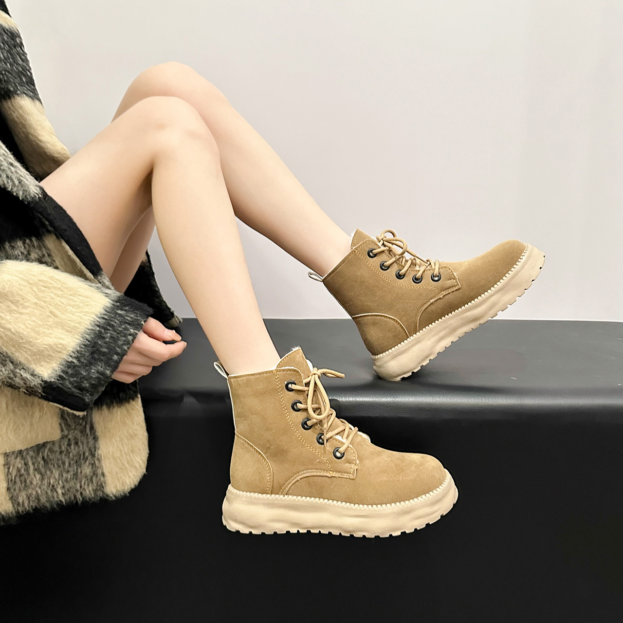 Women Boots:Flat Bottom hot Fleece Short Boots Winter Warm Anti-slip British Style Cotton Boots, Black/Khaki,Free shipping