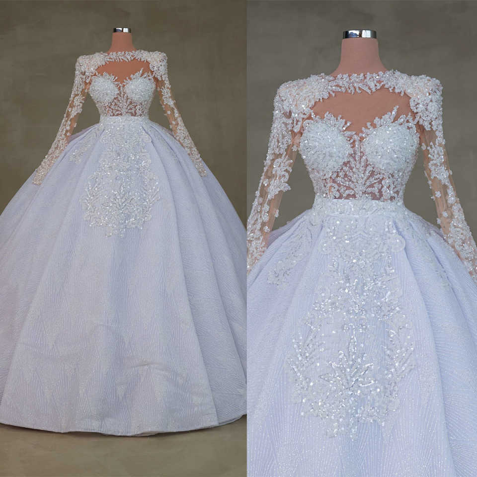 O-neck Long Sleeve Dress Sequins Appliques Wedding Gown Dubai Sweep Train Bride Robe Customized Vestido De Novia
