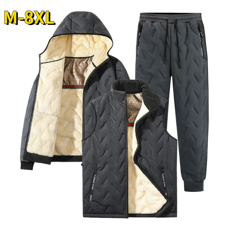 Mens Tracksuit Set Fashion Jogger Winter Graphene Fleece Warm Hooded Jacket Vest Pants 3 Piece Male Casual Running Sports Suit 241209