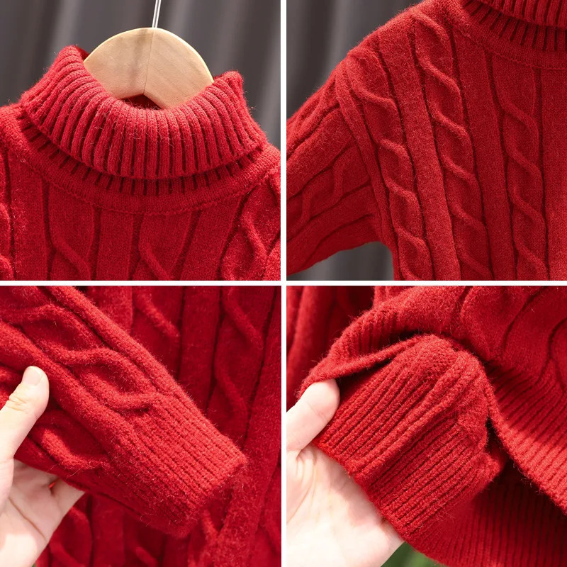 Baby girl autumn winter turtle neck sweater pure cotton ribbon childrens toddler girl zipper with velvet warm little girl underwear 241210