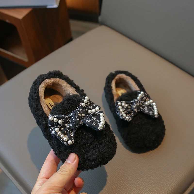 2023 Spring and Autumn Bow Floral Print Girls Cotton Shoes Plush Warm Pearls Children Fashion Shoes French Sle Kids Flats NewXJ241209