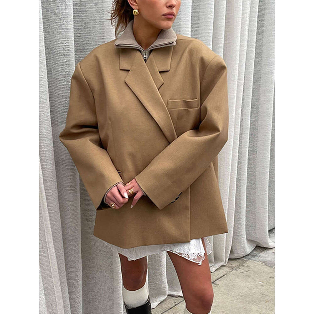 Chic Gray Lapel Button Suit Jacket For Women Elegant Loose Long Sleeves Office Coat New Female High Streetwear Outercoat