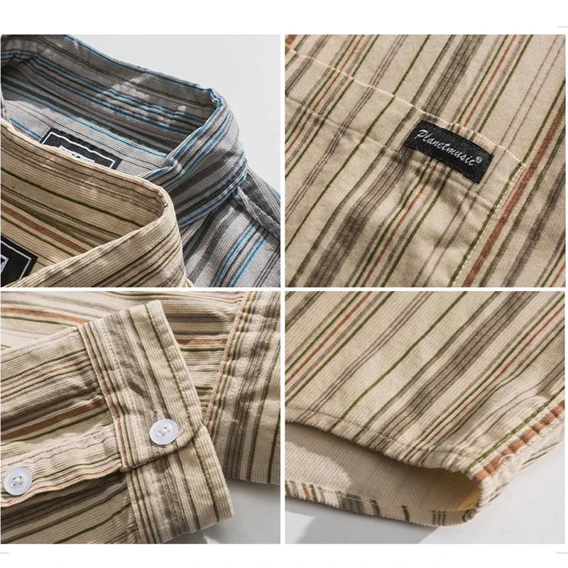 Autumn mens hiphop Corduroy striped shirt college retro casual loose long sleeved top Y2K streetwear 241209
