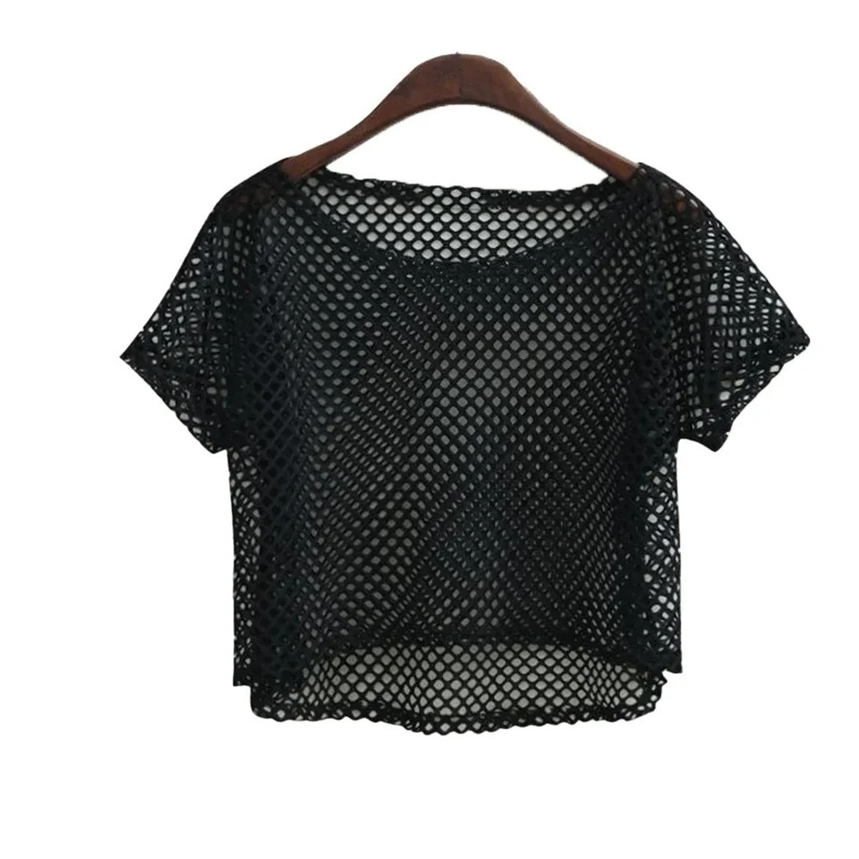 Womens Tshirt sexy fishnet vest crop top casual shirt summer street basic transparent hollow 241209