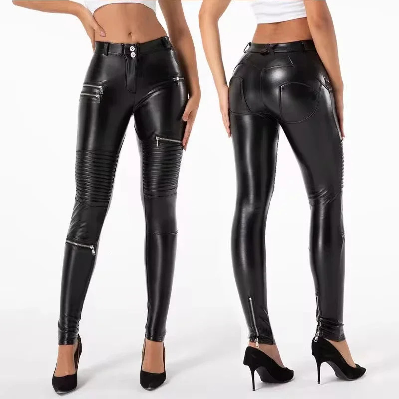 Womens shiny PU leather black PVC pants ultrathin 4XL sexy long legs latex elastic high waist tight summer 241209