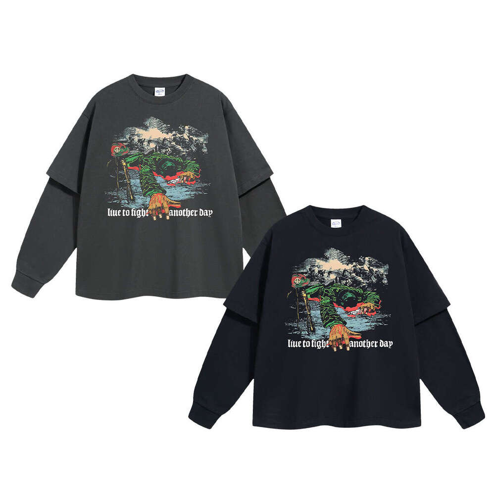 2024 Autumn/Winter New Trendy Brand Men's 305G Fake Two Piece Splicing White Ink Digital Direct Spray Printed Long Sleeve Base for Men