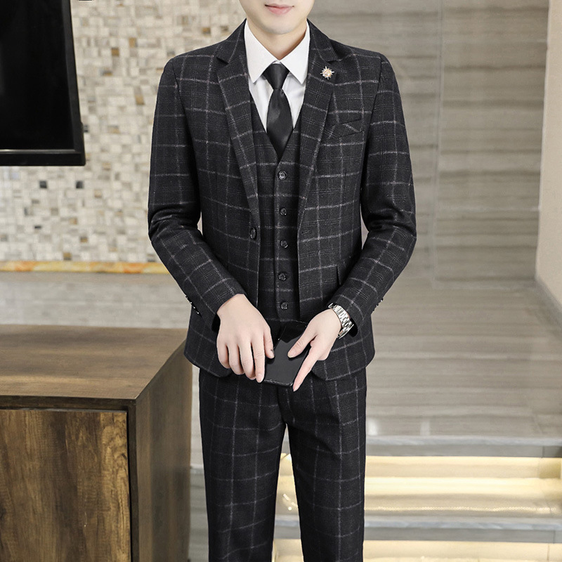 L155 Plaid suit men's three-piece suit Korean style slim small suit men's best man clothing groom wedding dress