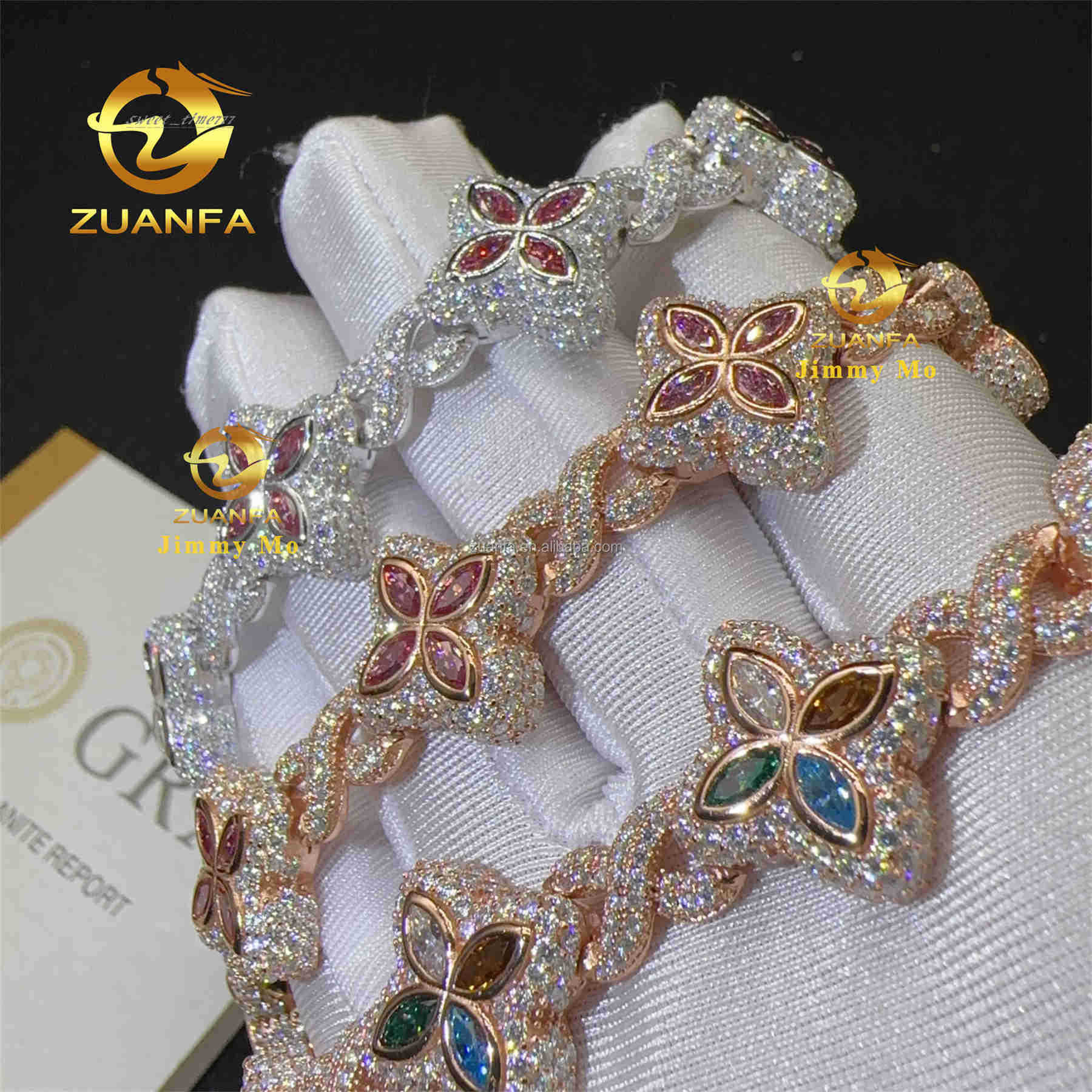 Fashion 18mm 925 Silver Marquise Flower Design Hip hop Jewelry Iced out Moissanite Diamond Infinity Cleef Clover Cuban Bracelet