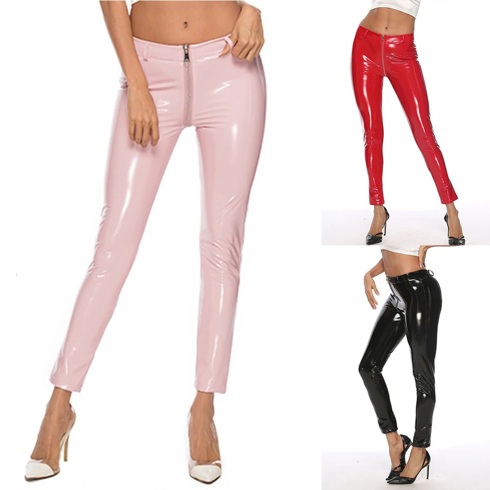 Zipper womens shiny PVC leather legs high waist hip lift push up elastic leggings open crotch Trouser club uniform 241209