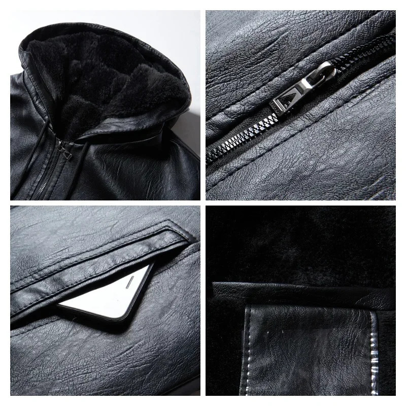Winter highend mens hooded leather jacket waterproof and windproof plush insulated clothing 241209