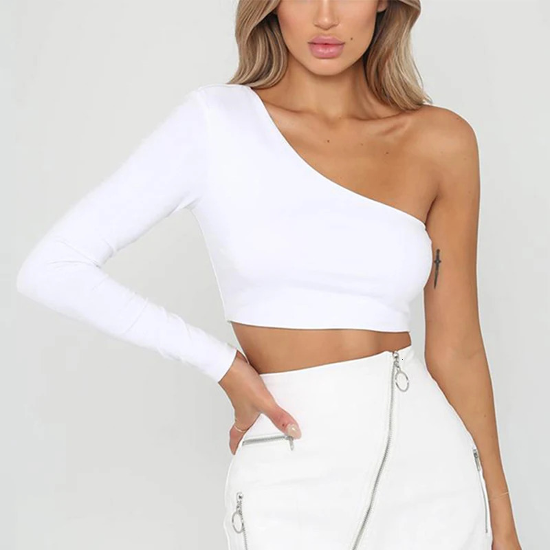 CDJLFH sexy one shoulder cut top for women with diagonal neckline long sleeved Tshirt casual white ultrathin suitable body 241209
