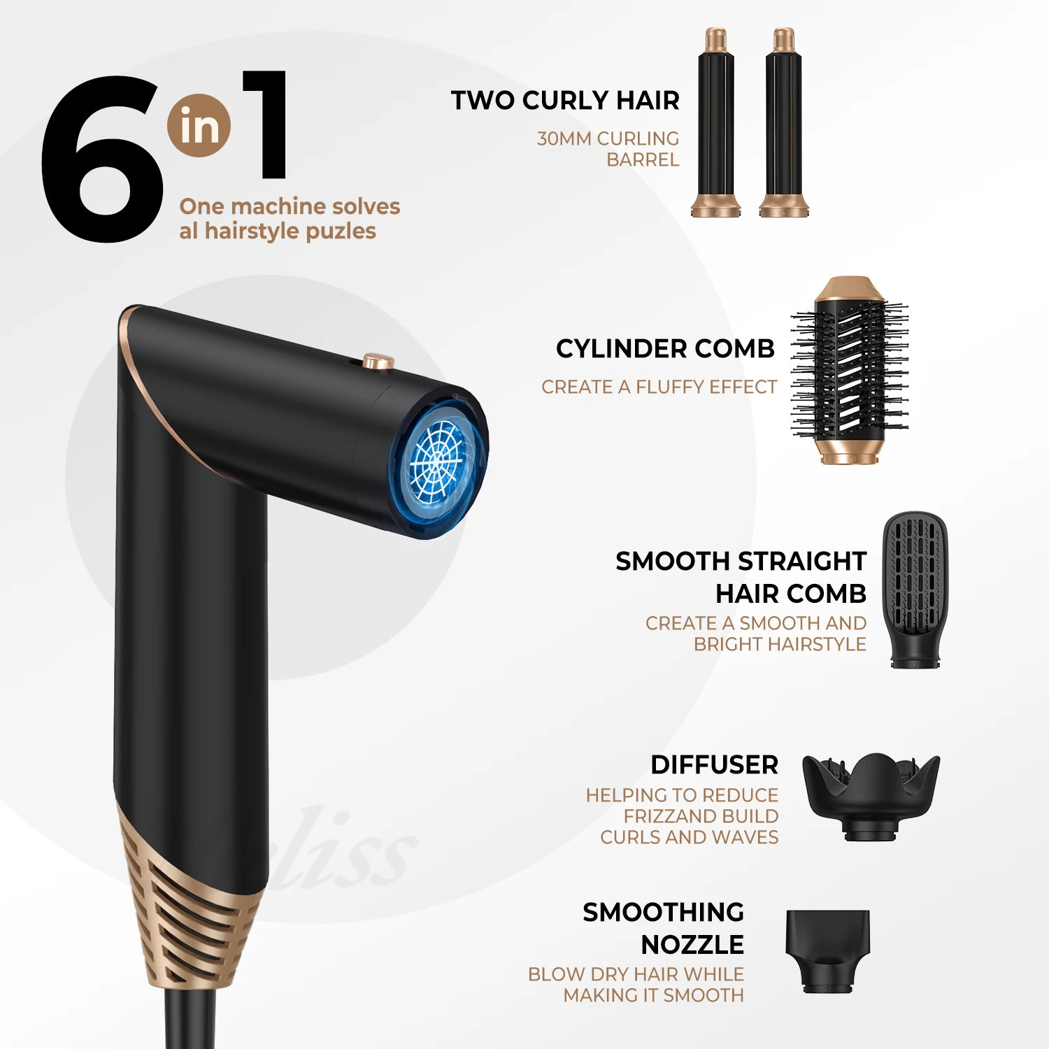 Folding 6 In 1 Hair Dryer Brush Negative Ionic Hair Blower Brush Salon Blow Dryer Air Curler Wand Ceramic Curling Iron Styler 241209