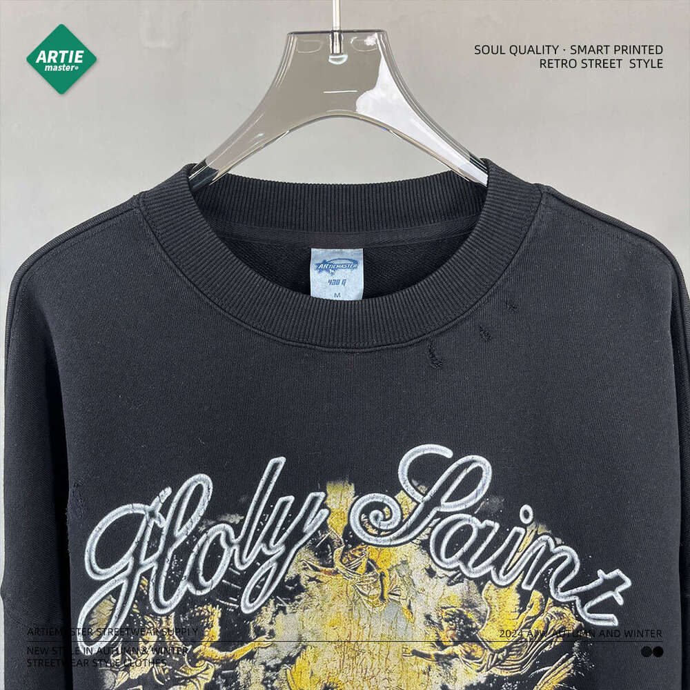 2024 New Street Trendy Brand Retro Printed for Men, 430g Grinding Edge, Broken Hole, Washed Water to Make Old Round Neck Men's Hoodie