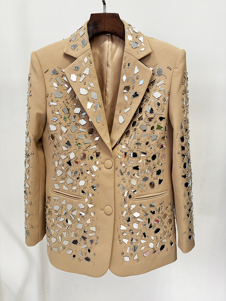 HIGH STREET Newest Fashion 2024 Designer Runway Suit Women's Stunning Beaded Mirror Blazer Shorts Set 2Pcs