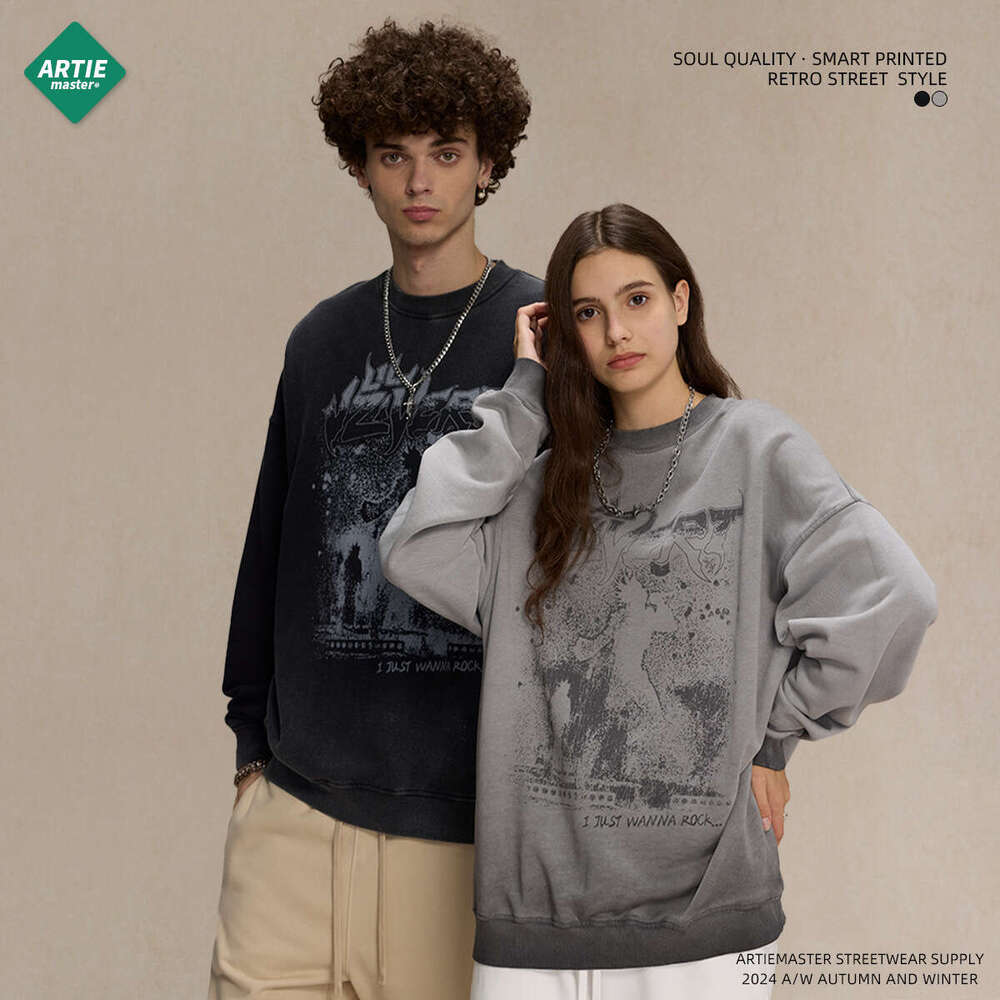 2024 Autumn New Product: Anti Bottom Stir Fry Color Old White Ink Digital Direct Spray Printed Round Neck Men's Sweatshirt