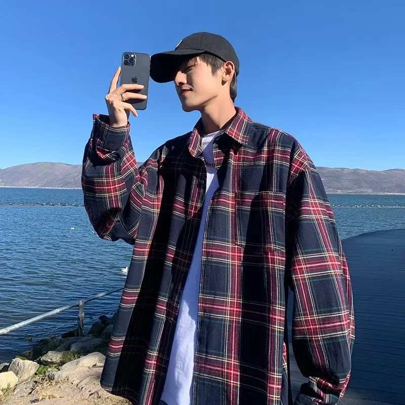 Korean fashion plain weave mens long sleeved autumn high street Y2K retro top 2023 casual bag button Tshirt 241209