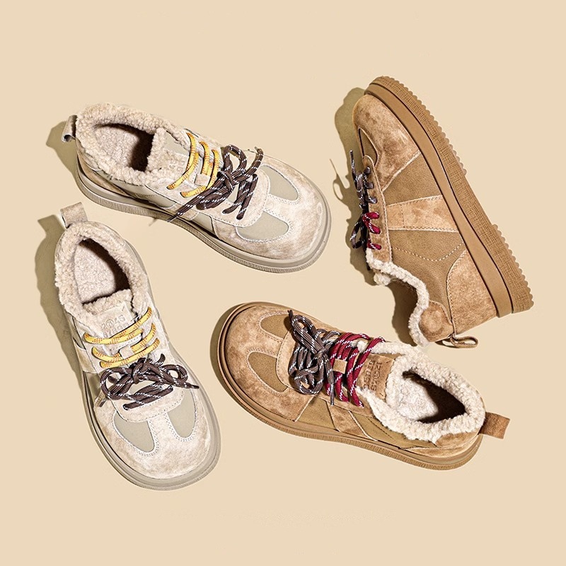 Women Casual Shoes:Fleece Short Snow Boots Low-top Winter New Thick Sole Retro Style Lamb Fashion Plush Cotton Shoes,Apricot/Brown,Free shipping