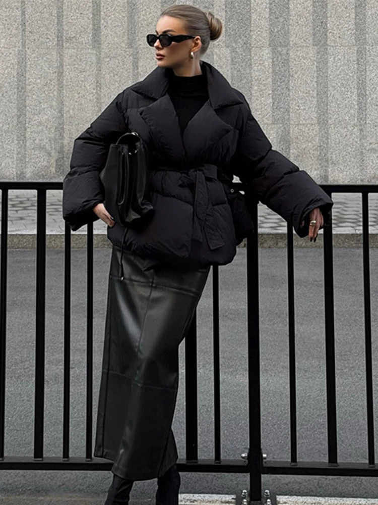 Fashion Lace Up Cotton Parka Coats For Women Elegant Turn Down Collar Thicken Jacket With Belt Winter Long Sleeve Female Outwear 241209