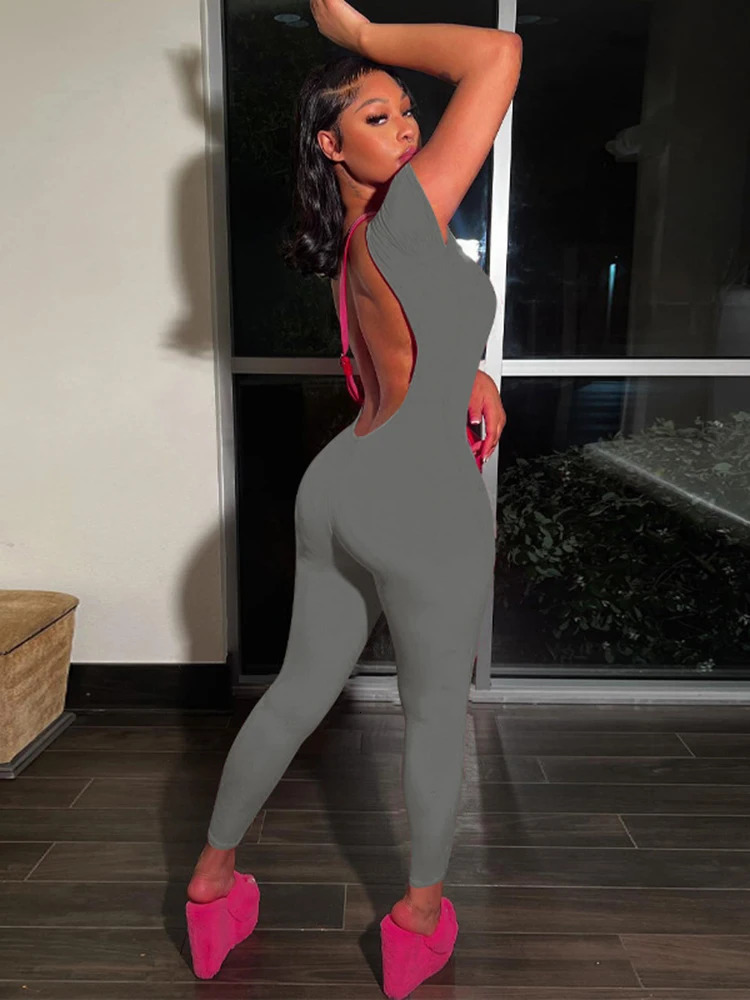 Hugcitar solid short sleeved backless sexy Bodycon tight onepiece jumpsuit 2024 summer womens casual Y2K streetwear club 241209