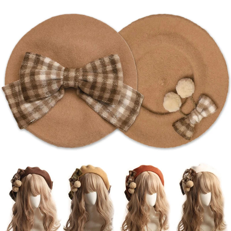 Japanese style handmade Lolita girl French beret girl warm wool painter hat womens classic bow beret elegant JK hat 241209