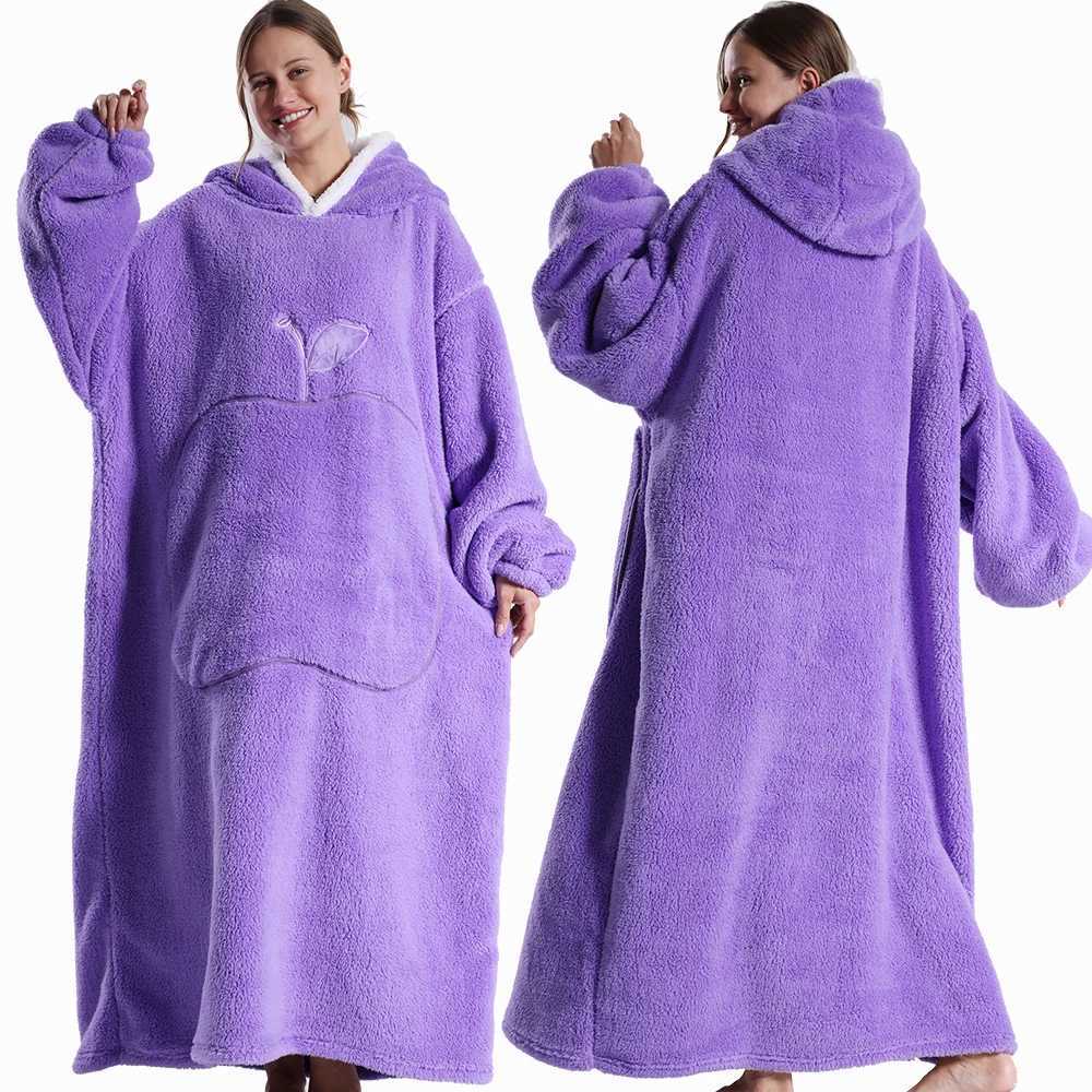 Extra Long Wearable Blankets Winter Flannel Hooded Blanket with Full Sleeves Men Women Cozy Soft Throw Adult TV BlanketXJ241210