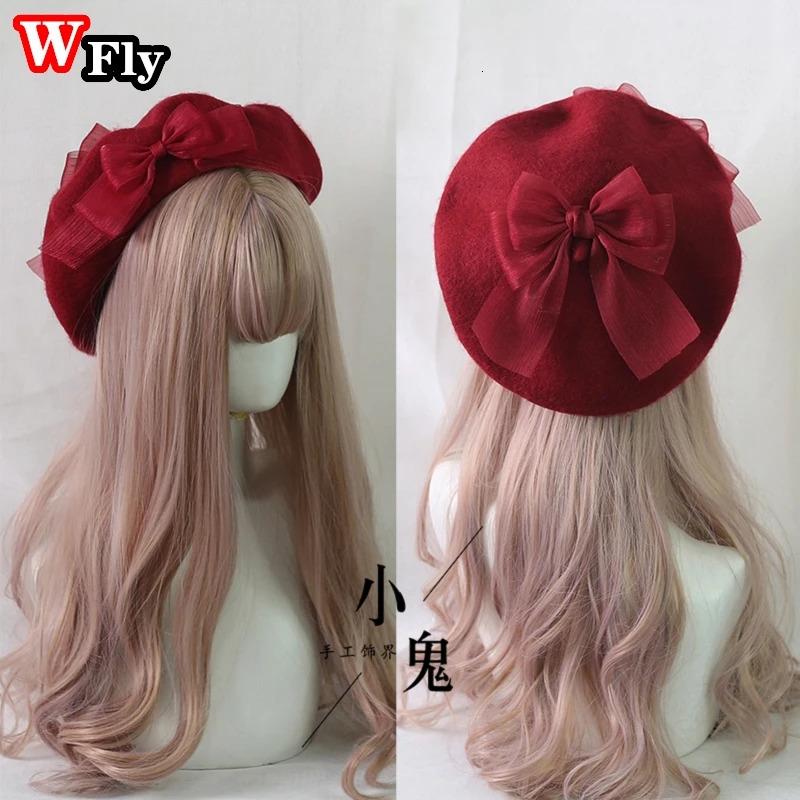 Japanese Harajuku Womens Lace Bow Beret Sweet Lolita Wool Beret Beanie Artist Hat Womens Winter Warm Hat 241209