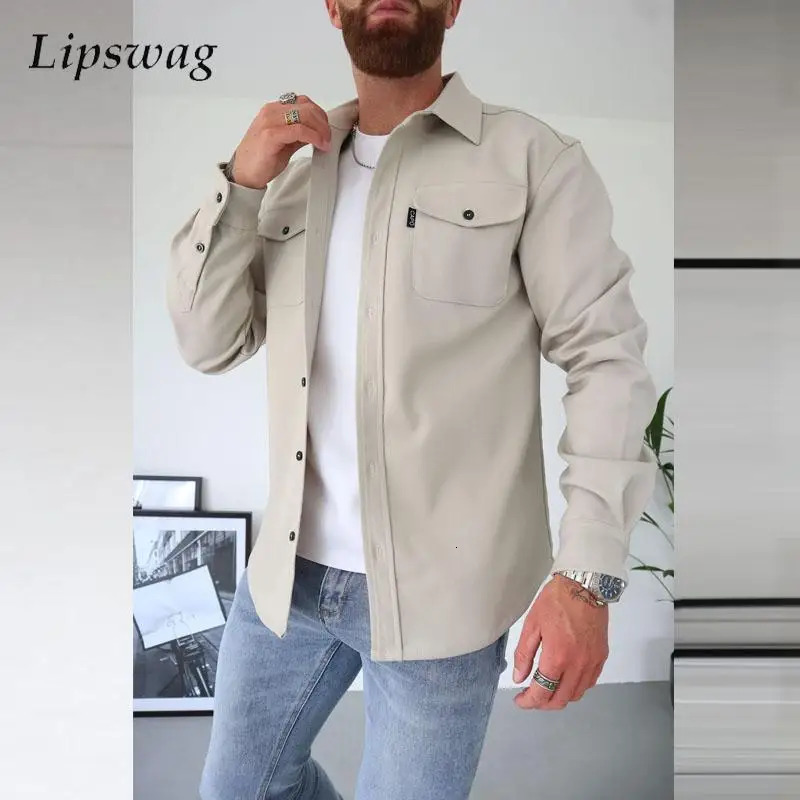 wool top mens spring autumn casual long sleeved button up collar cargo shirt trend clothing solid 241209