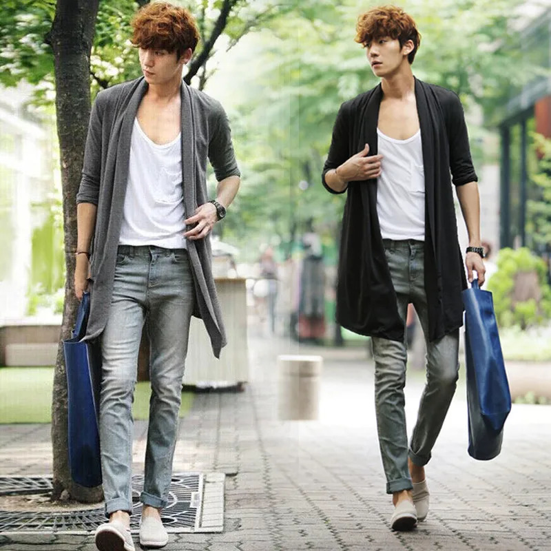 2024 Men The Long Thin Cardigan Korean Male Cloak Coat Non Mainstream 241202