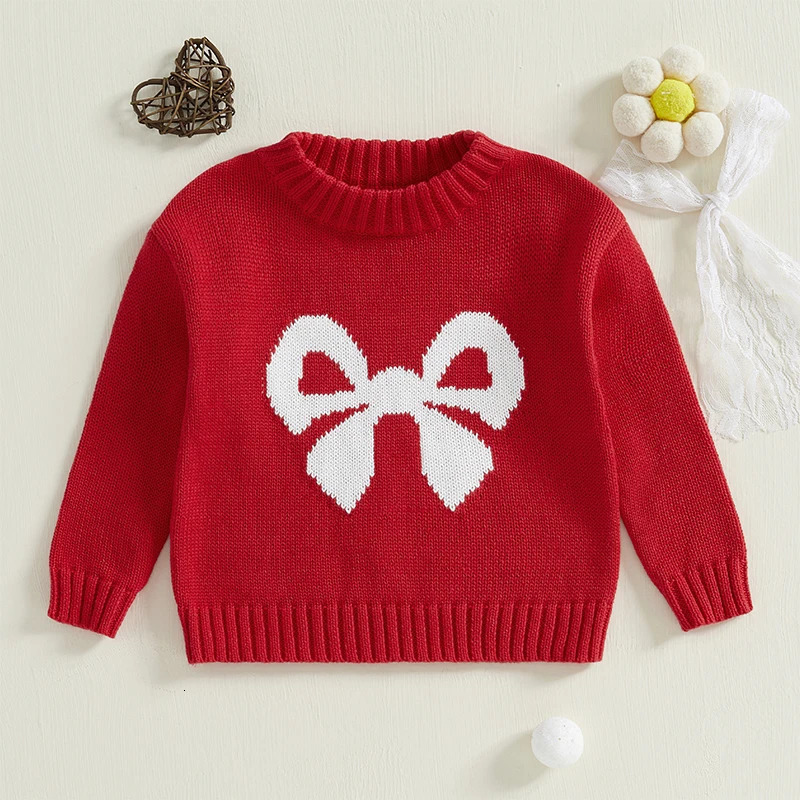 Baby Girl Autumn Winter Sweater Casual Long Sleeve O-Neck Bow Printed Loose Knitted Floral Casual Top Childrens Clothing 241210