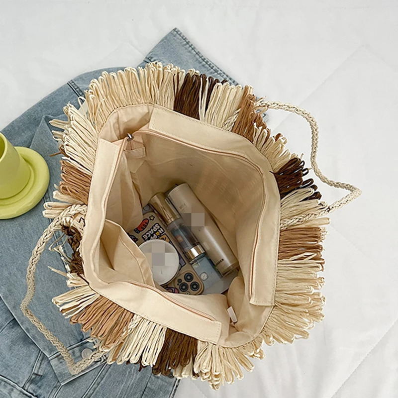 Summer striped grass bag womens large capacity zipper handbag casual holiday beach bag womens handmade shoulder bag shopping bag 241205