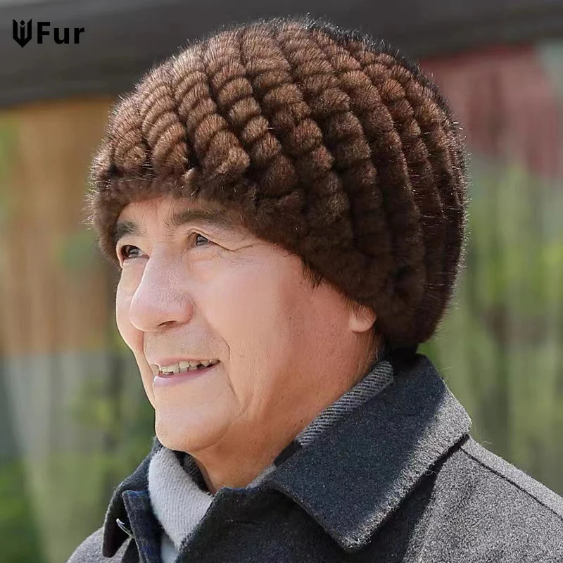 Winter mens mink fur hat natural fur knitted hat fashionable fluffy grandfather fur beans womens black fur hat 241209