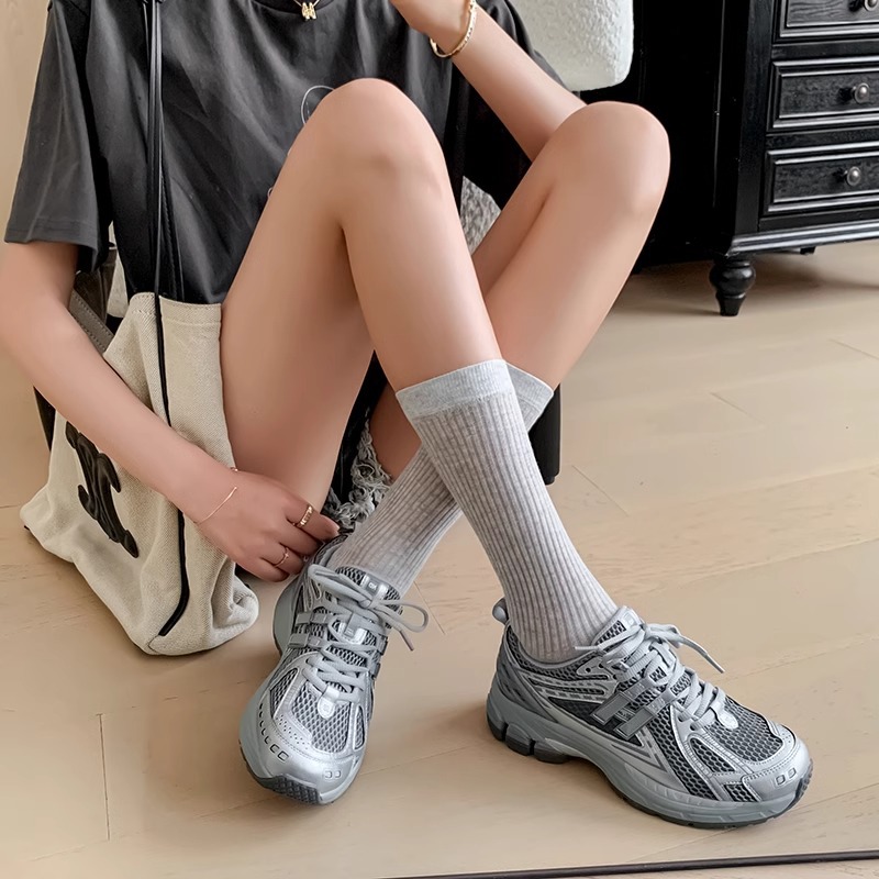 Women Sports Shoes:Simple Design Versatile Running Shoes Mesh Breathable Thick Sole Chunky Fashion Trendy Sneakers,Grey/White,Free shipping
