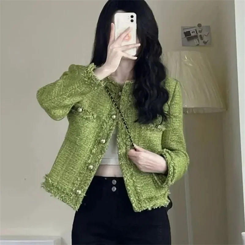 Autumn Winter Korean SingleBreasted Short Tweed Coat Women Long Sleeve Vintage Green Casual Jackets Female Outerwear 241209