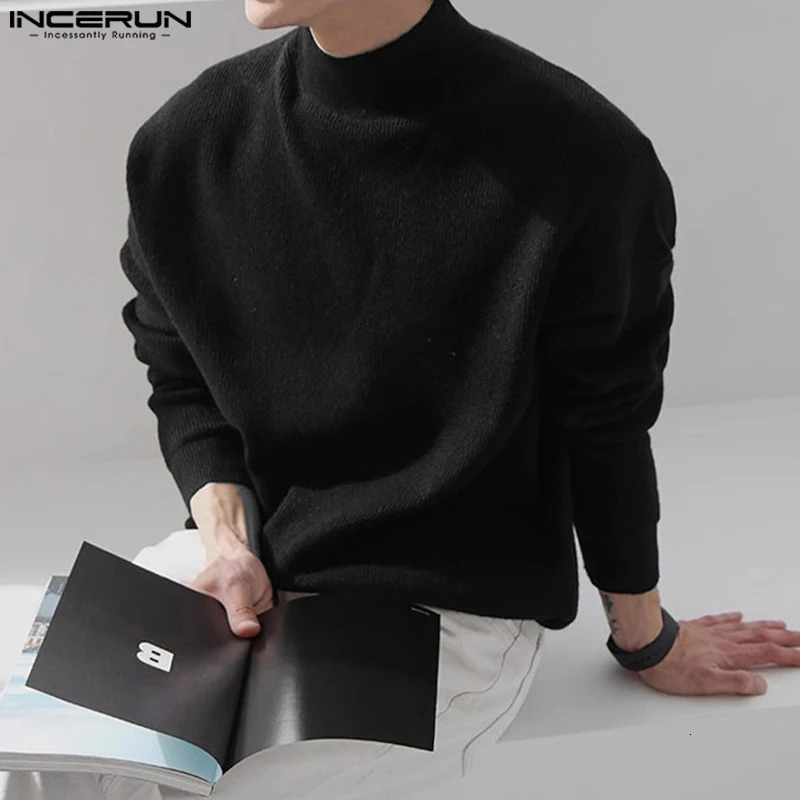 INCERUN Tops Korean Style Mens Solid Half High Neck Sweater Casual Streetwear Male Allmatch Selling Pullover S5XL 241209