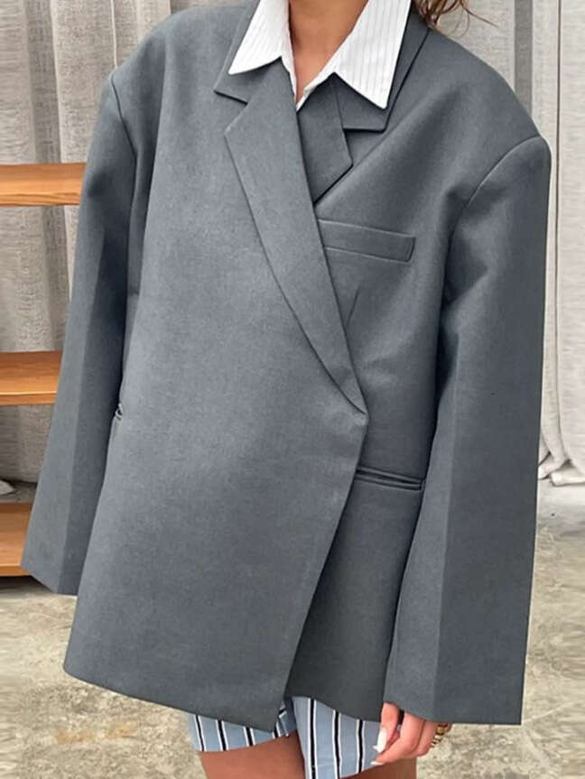 Chic Gray Lapel Button Suit Jacket For Women Elegant Loose Long Sleeves Office Coat New Female High Streetwear Outercoat