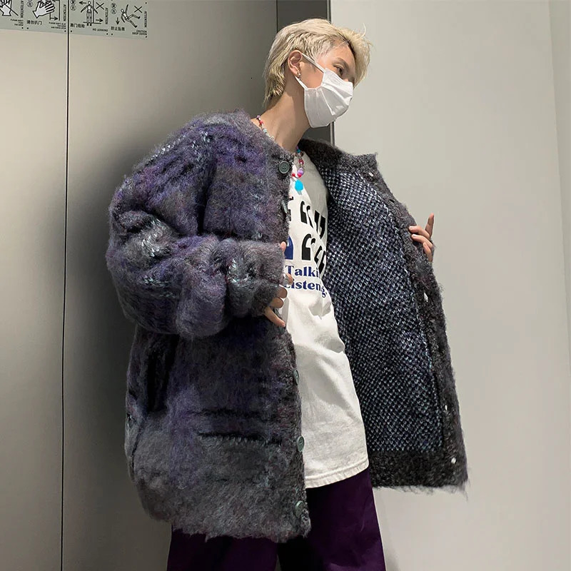 Autumn Korean fashion striped cardigan mens retro casual button knit long sleeved pocket Y2K sweater jacket 241205