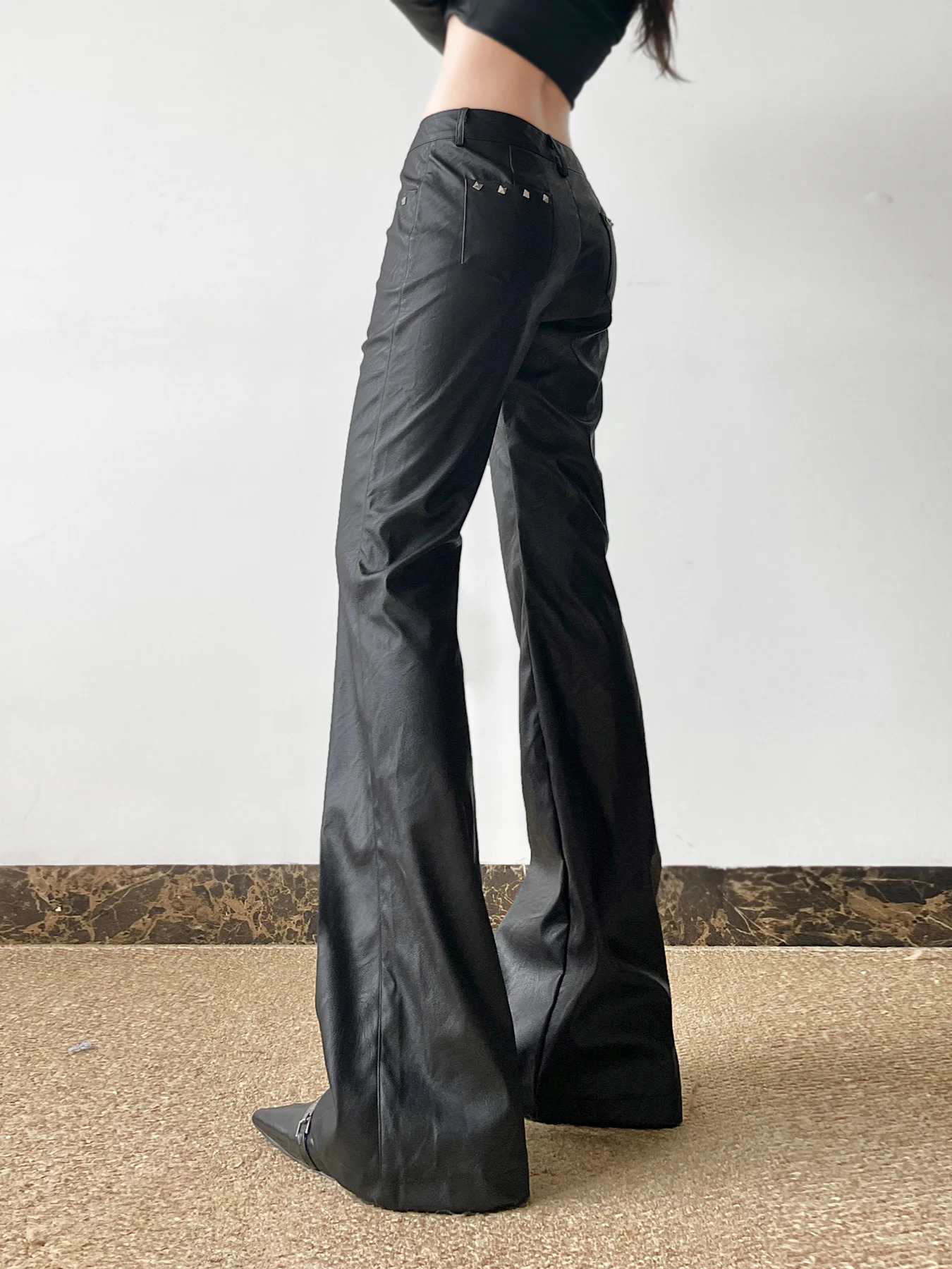 Rockmore Gothic PU Leather Womens Pants Retro Street Clothing Solid Low Waist Straight Trouser 2000s Fashion Y2k 241209