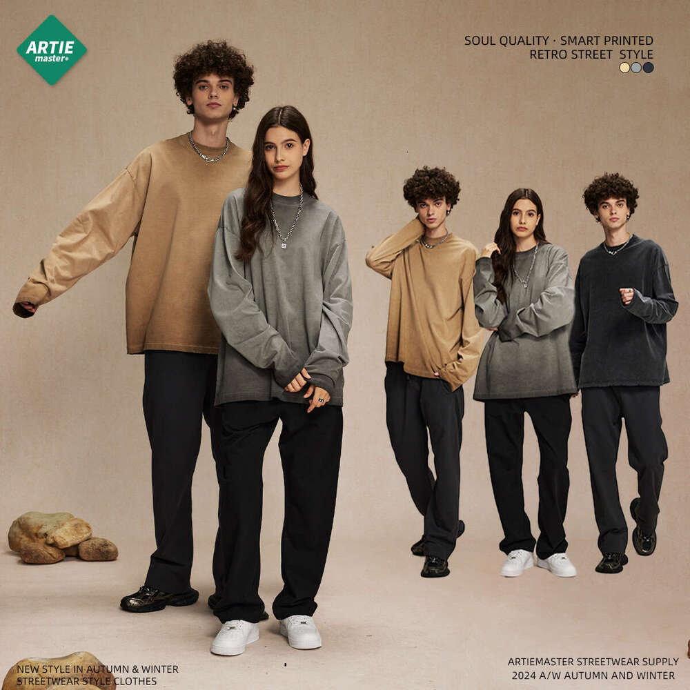 2024 autumn 275g reverse bottom stir fried color street fashion brand wash water t-shirt for men ins dirty dye waste soil retro long sleeved shirt