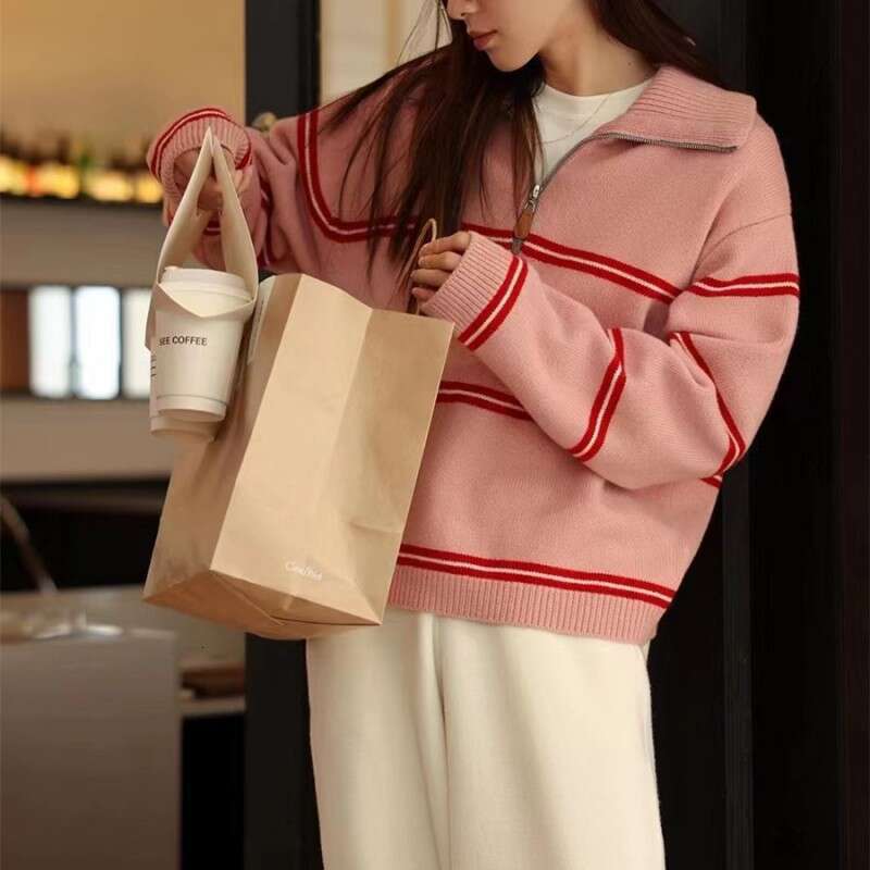 Autumn and Winter New Korean Retro Soft Sticky Stripe Hooded Knitted Top for Women, Half Zipper Large Version Sweater, Women's Outerwear