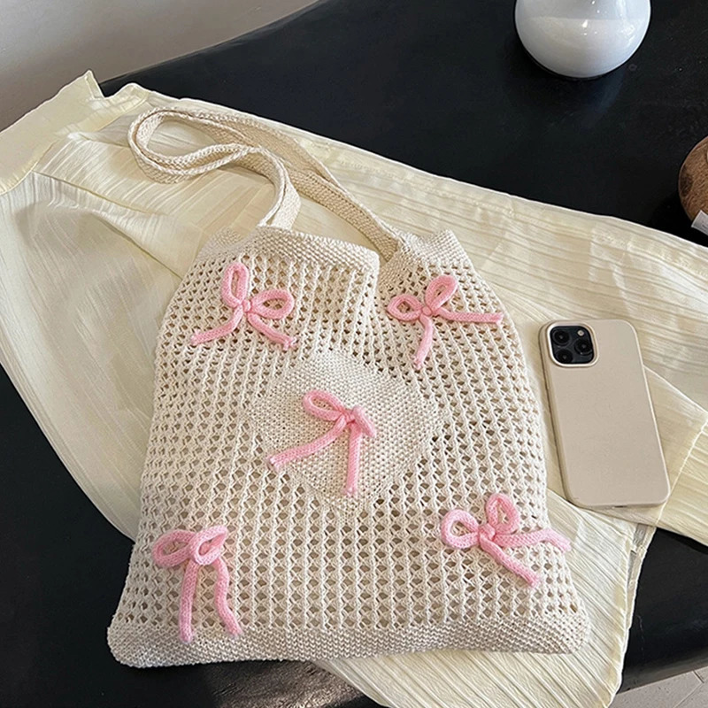 Womens knitted shoulder bag large capacity crochet beach shopping handbag hollow womens homeless bag outdoor travel handbag 241205