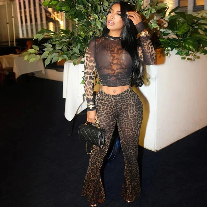Sexy Leopard Print 2piece Womens Autumn See Through Full Sleeve Midnight Party Crop Panthing Matching Clubwear Skinny Outfit 241209