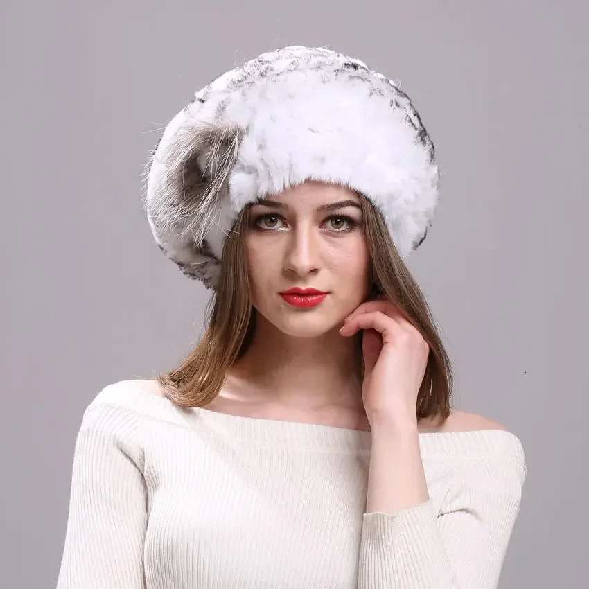Womens Beret Genuine Rex Rabbit Fur Leather Hat Elegant Fur Leather Hat Wholesale Elastic Knitted Headwear Hat Winter Womens Fur Hat 241209