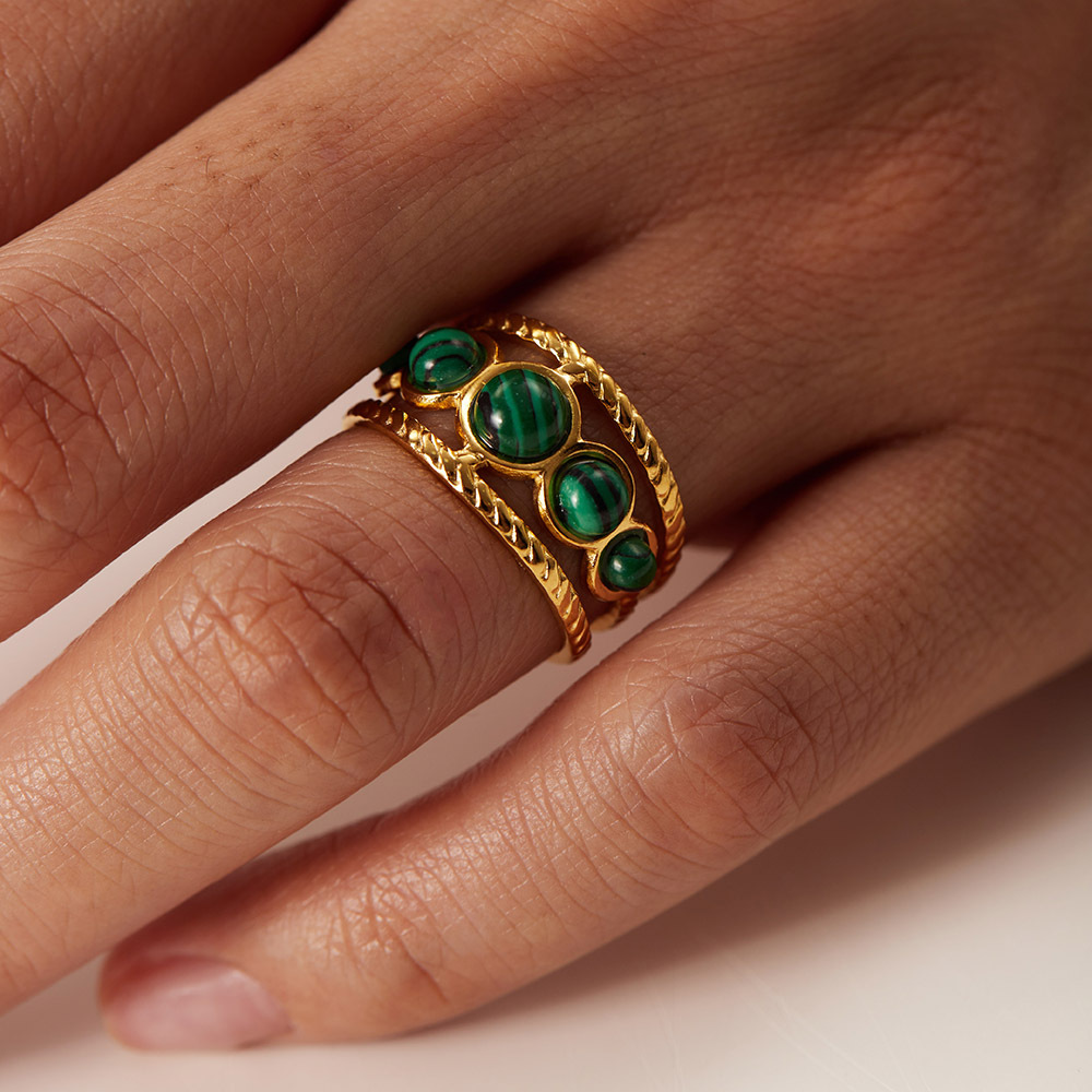 Three Layer Green Turquoise Tiger Eyes Stone Stainless Steel Open Ring for Women Exquisite and Fashionable Plated 18k Gold Non Fading Jewelry