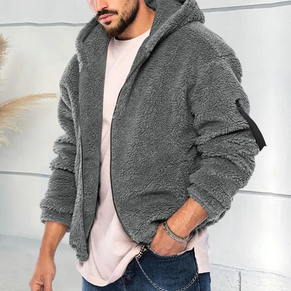 Plush mens jacket fluffy wool thick coat warm long sleeved hoodie sweatshirt 241209